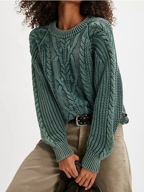 Free People X We The Free Frankie Cable Knit Sweater Forest Green